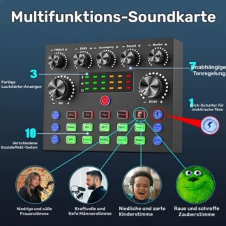 V8S-Pro Multifunktions-Soundkarte, geeignet für PC-Aufnahmen, inklusive Mikrofon- und Kopfhörerbuchsen